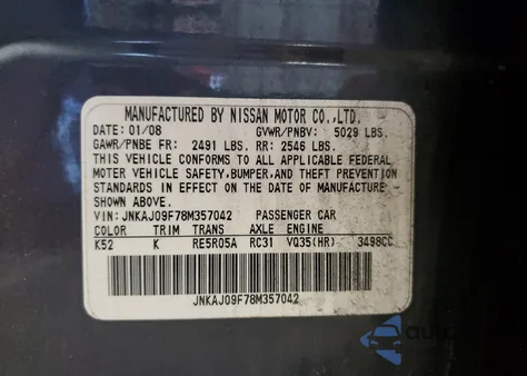 2008 Infiniti Ex35 Base z USA, uszkodzony, nr VIN JNKAJ09F78M357042